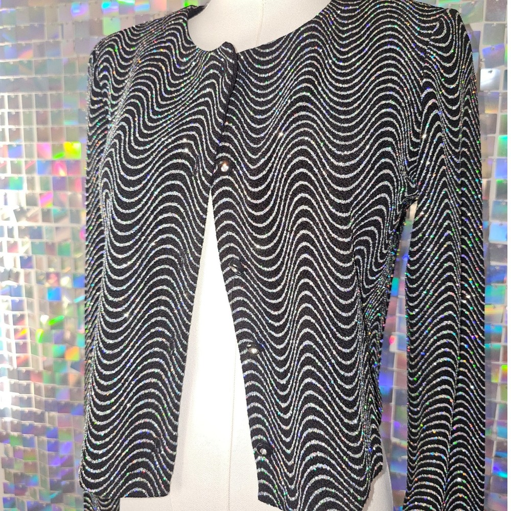 Ronni Nicole Vintage‎ Black Silver Wave Sparkle Knit Cropped Cardigan Jacket - Picture 5 of 11
